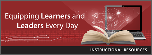 Picture with book open and symbols floating above it in front of a laptop with the words Equipping Learners and Leaders Every